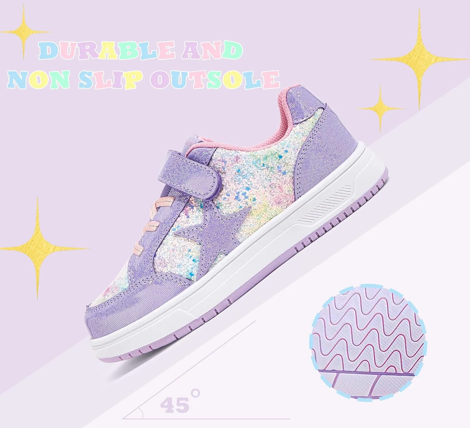 LUCKY STEP Kid's Glitter Walking Shoes Shiny Sparkly Sequins Fashion Sneakers Hook and Loop Athletic Unisex-Child Casual Running for Children/Boys/Girls