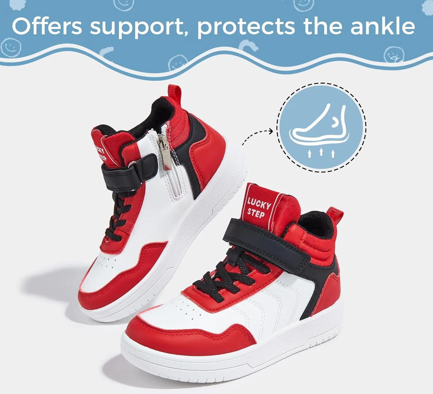 LUCKY STEP Kids High Top Sneakers Fashion Basketball Tennis Shoes Skyhigh Running Sports Ankle Boots Hook and Loop Casual Walking Shoe for Boys Girls
