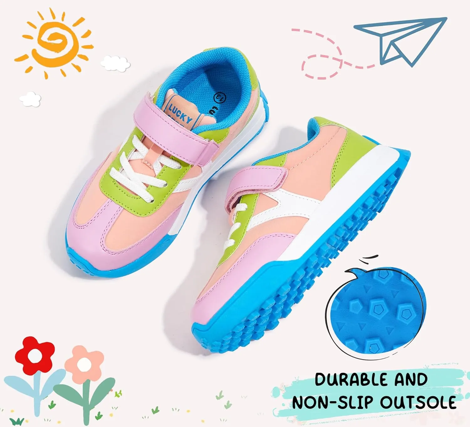 LUCKY STEP Kids Sneakers for Girls Boys Colorful Storybook Lightweight Running Shoes Hook and Loop Walking Anti-Slip Casual Shoes Athletic Unisex-Child Toddler