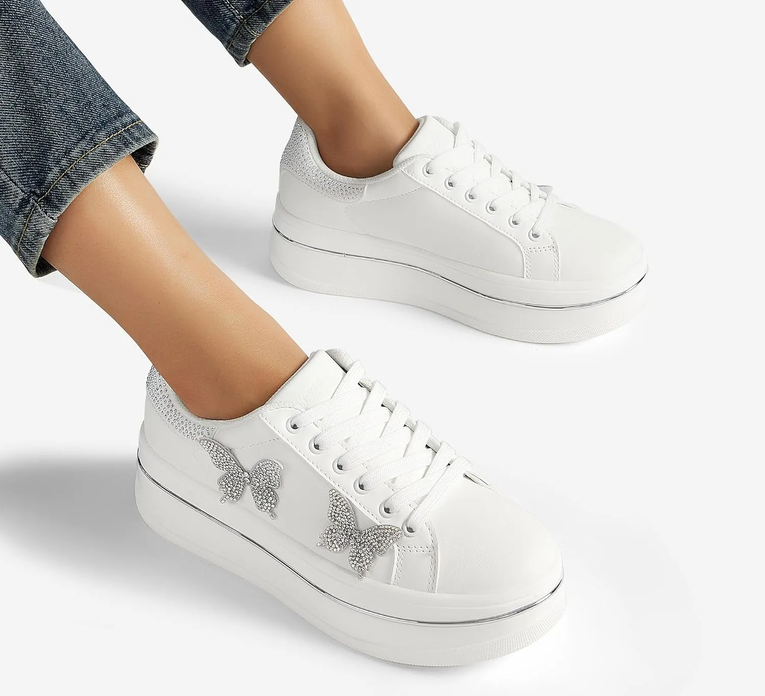 LUCKY STEP Women's Chunky Fashion Sneakers High Platform Rhinestone Butterfly Casual Faux Leather Durable Walking Tennis Shoes