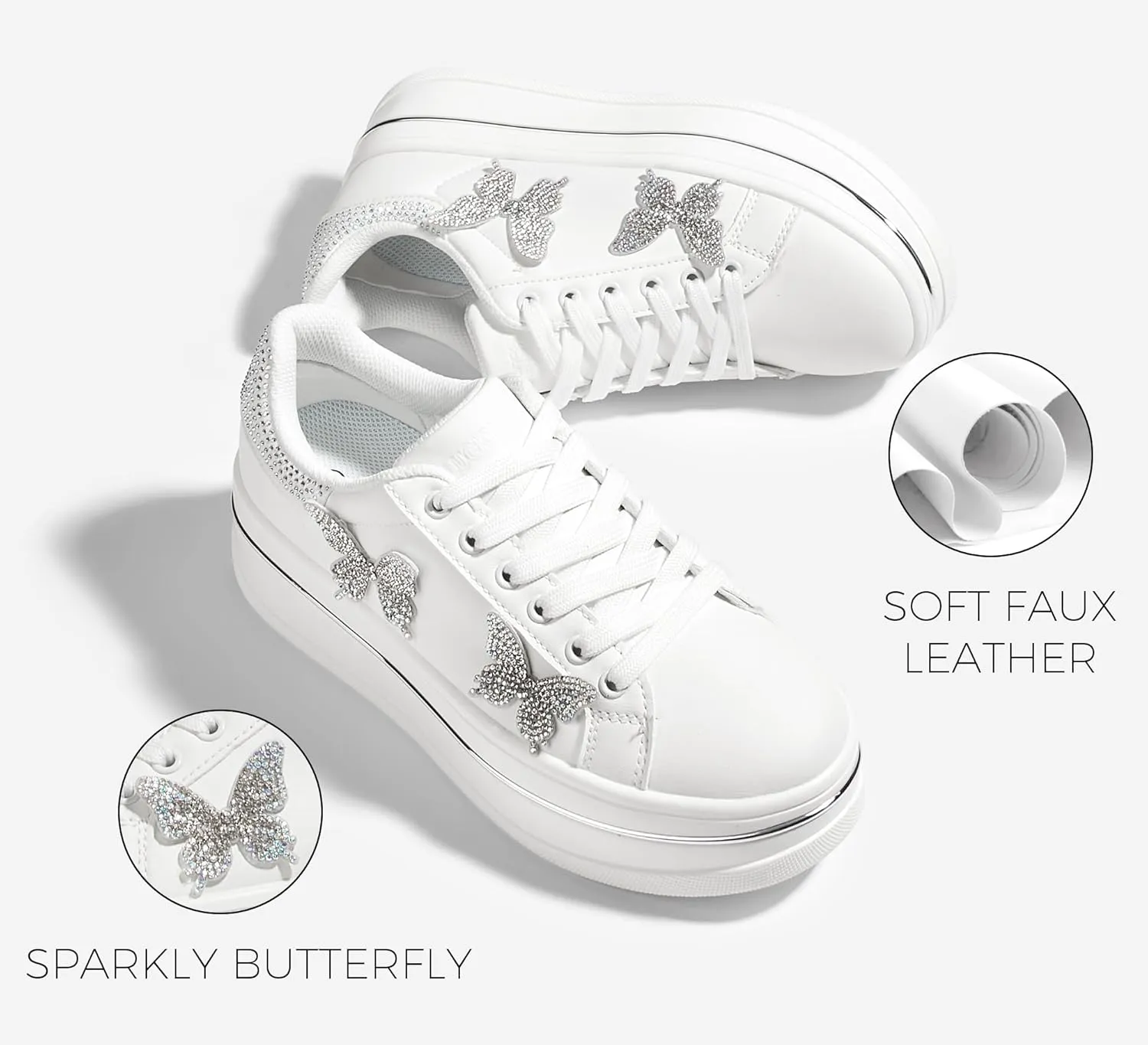 LUCKY STEP Women's Chunky Fashion Sneakers High Platform Rhinestone Butterfly Casual Faux Leather Durable Walking Tennis Shoes