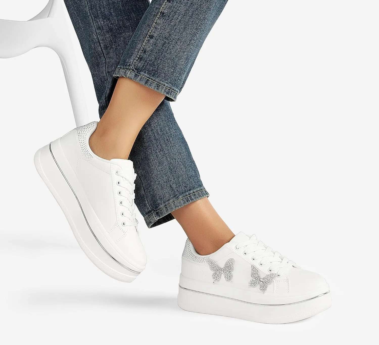 LUCKY STEP Women's Chunky Fashion Sneakers High Platform Rhinestone Butterfly Casual Faux Leather Durable Walking Tennis Shoes