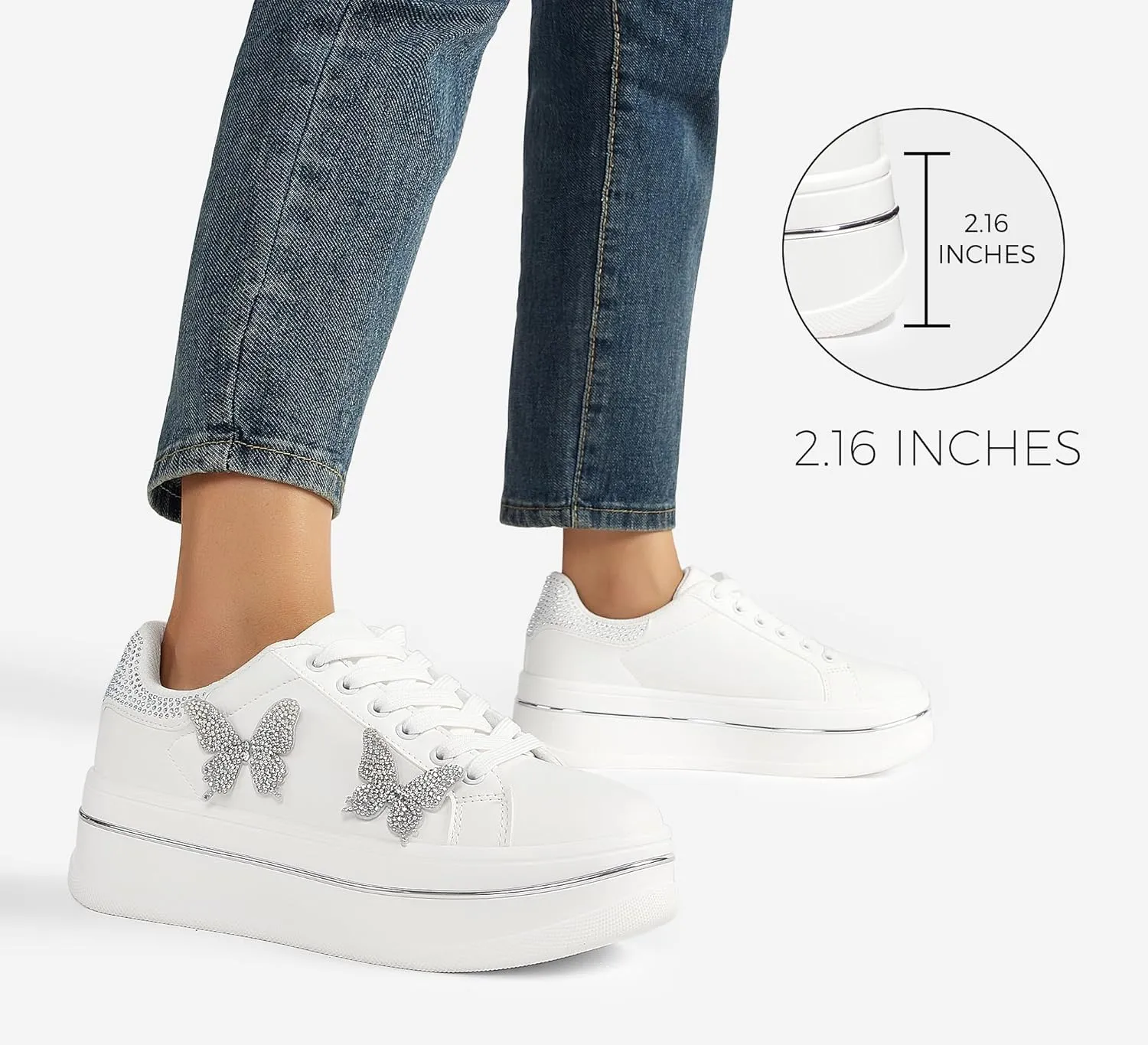 LUCKY STEP Women's Chunky Fashion Sneakers High Platform Rhinestone Butterfly Casual Faux Leather Durable Walking Tennis Shoes