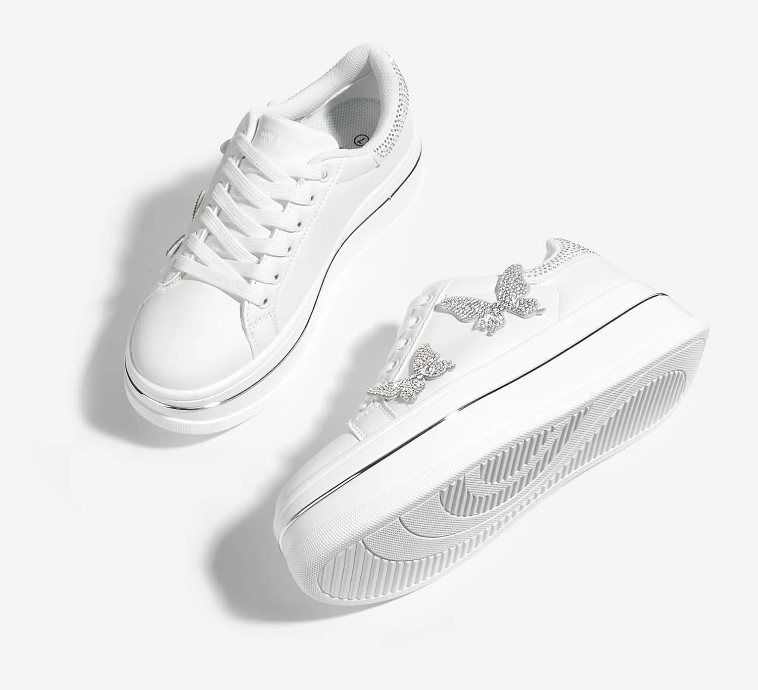 LUCKY STEP Women's Chunky Fashion Sneakers High Platform Rhinestone Butterfly Casual Faux Leather Durable Walking Tennis Shoes