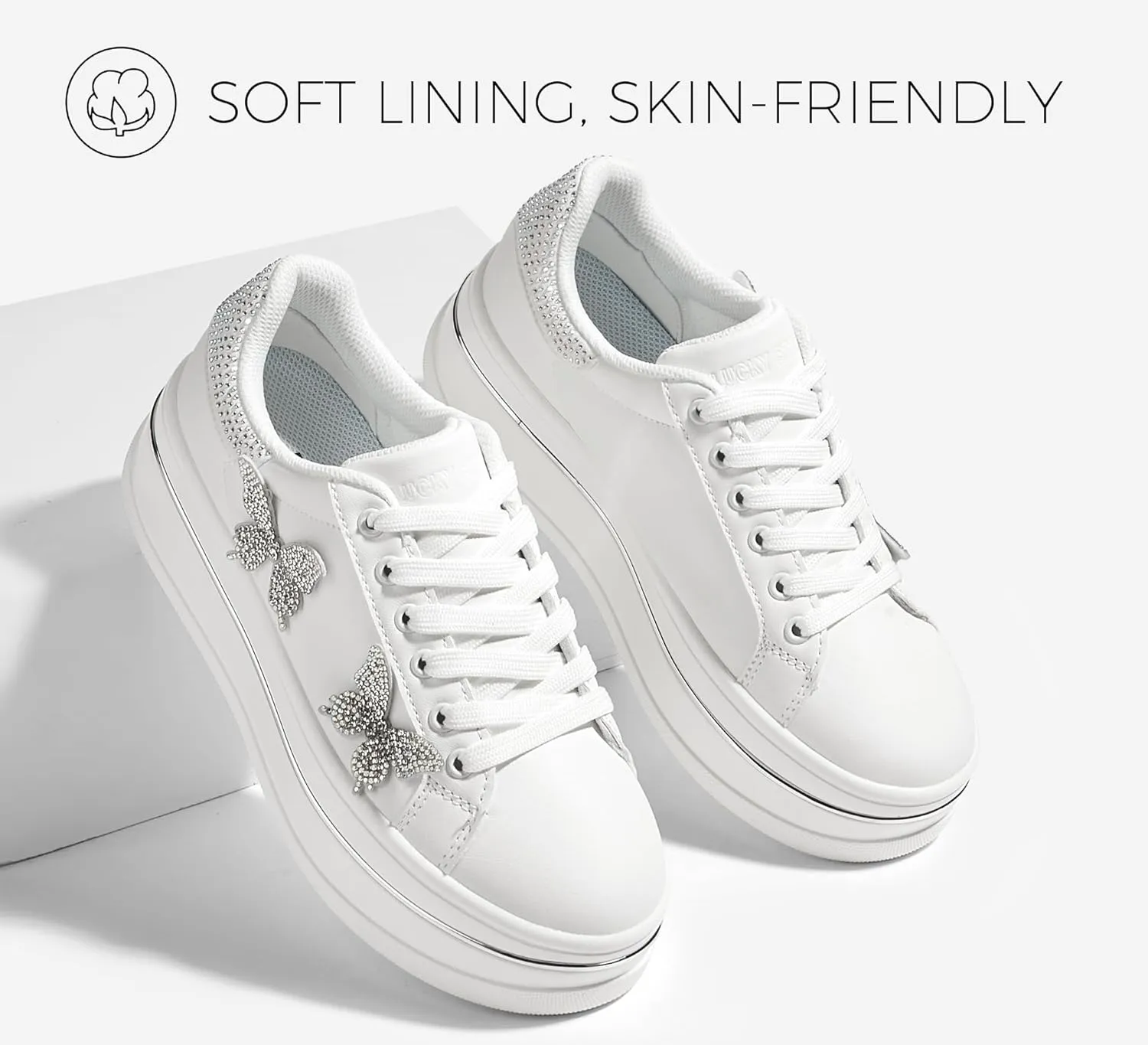 LUCKY STEP Women's Chunky Fashion Sneakers High Platform Rhinestone Butterfly Casual Faux Leather Durable Walking Tennis Shoes