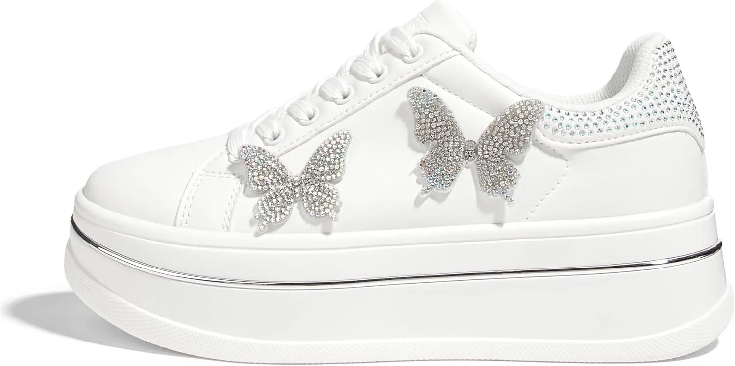 LUCKY STEP Women's Chunky Fashion Sneakers High Platform Rhinestone Butterfly Casual Faux Leather Durable Walking Tennis Shoes