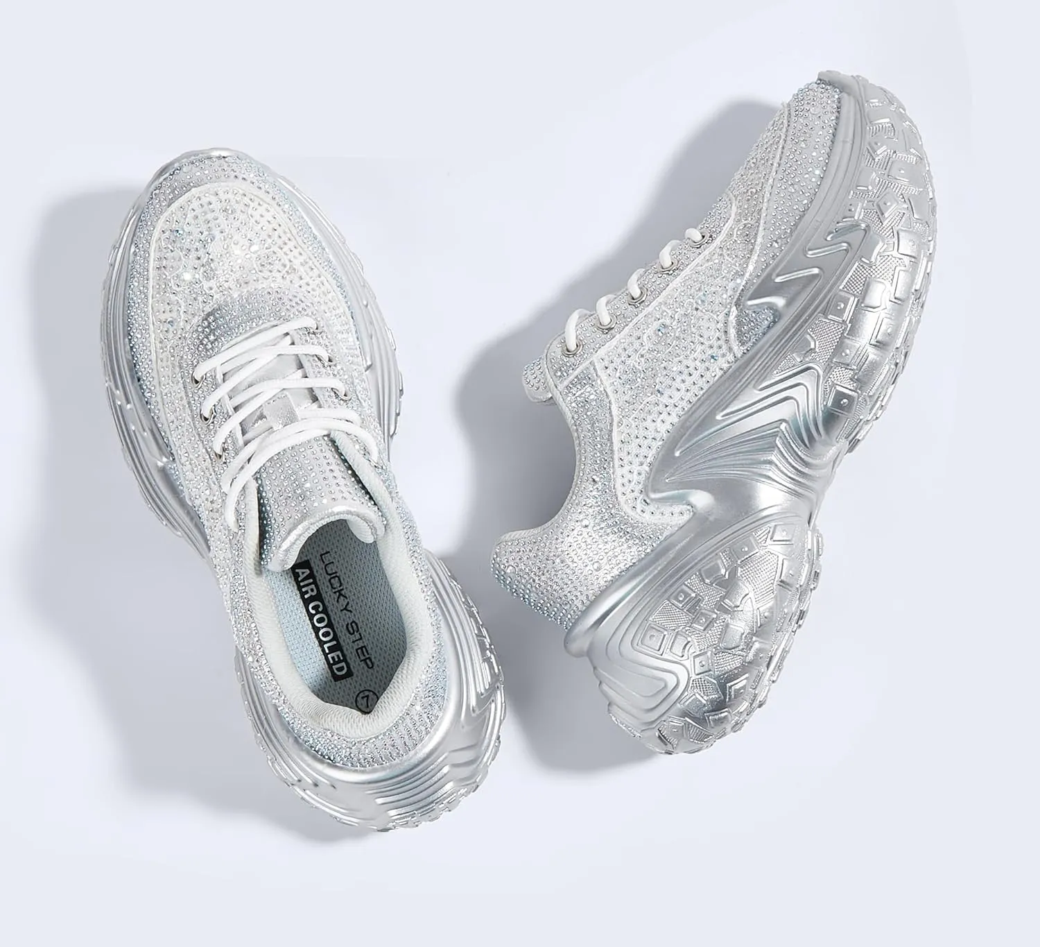 LUCKY STEP Women's Chunky Sneakers Platform Fashion Rhinestone Sparkly Dad Walking Shoes Butterfly Lace Wedge Casual Shiny Thick Sole Footwear