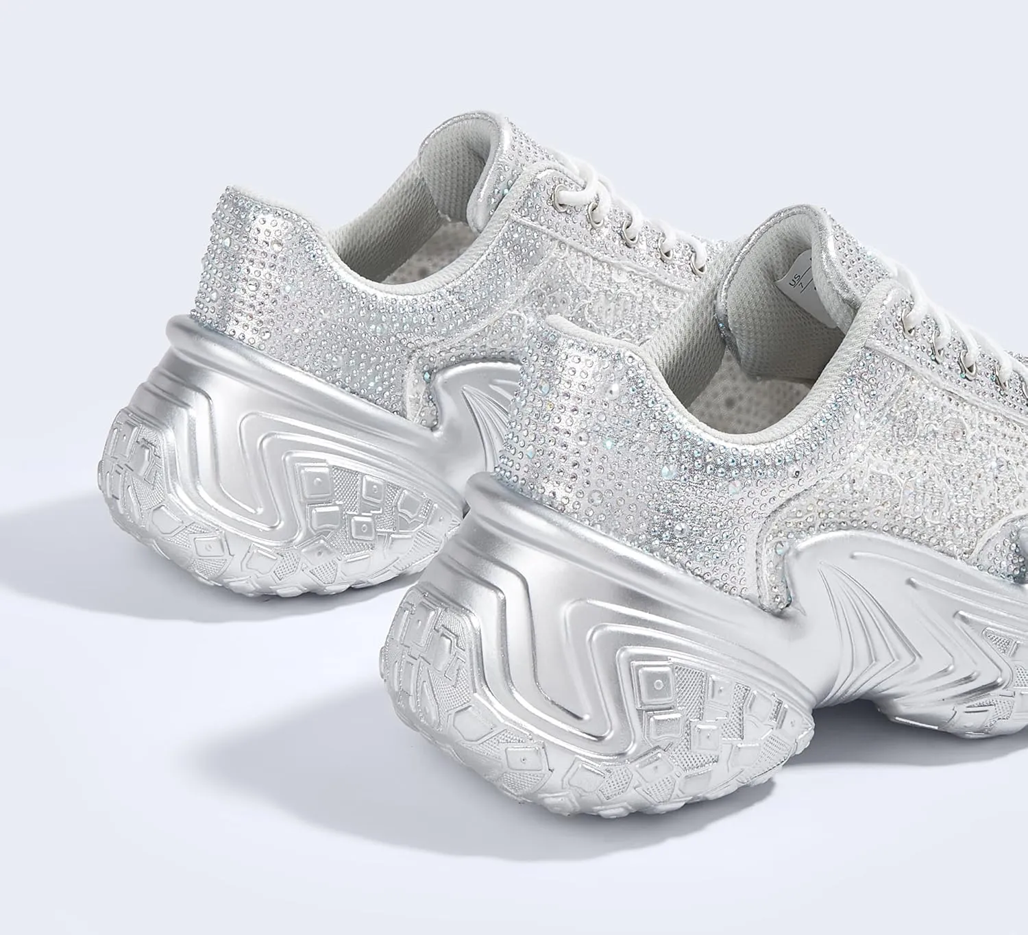 LUCKY STEP Women's Chunky Sneakers Platform Fashion Rhinestone Sparkly Dad Walking Shoes Butterfly Lace Wedge Casual Shiny Thick Sole Footwear