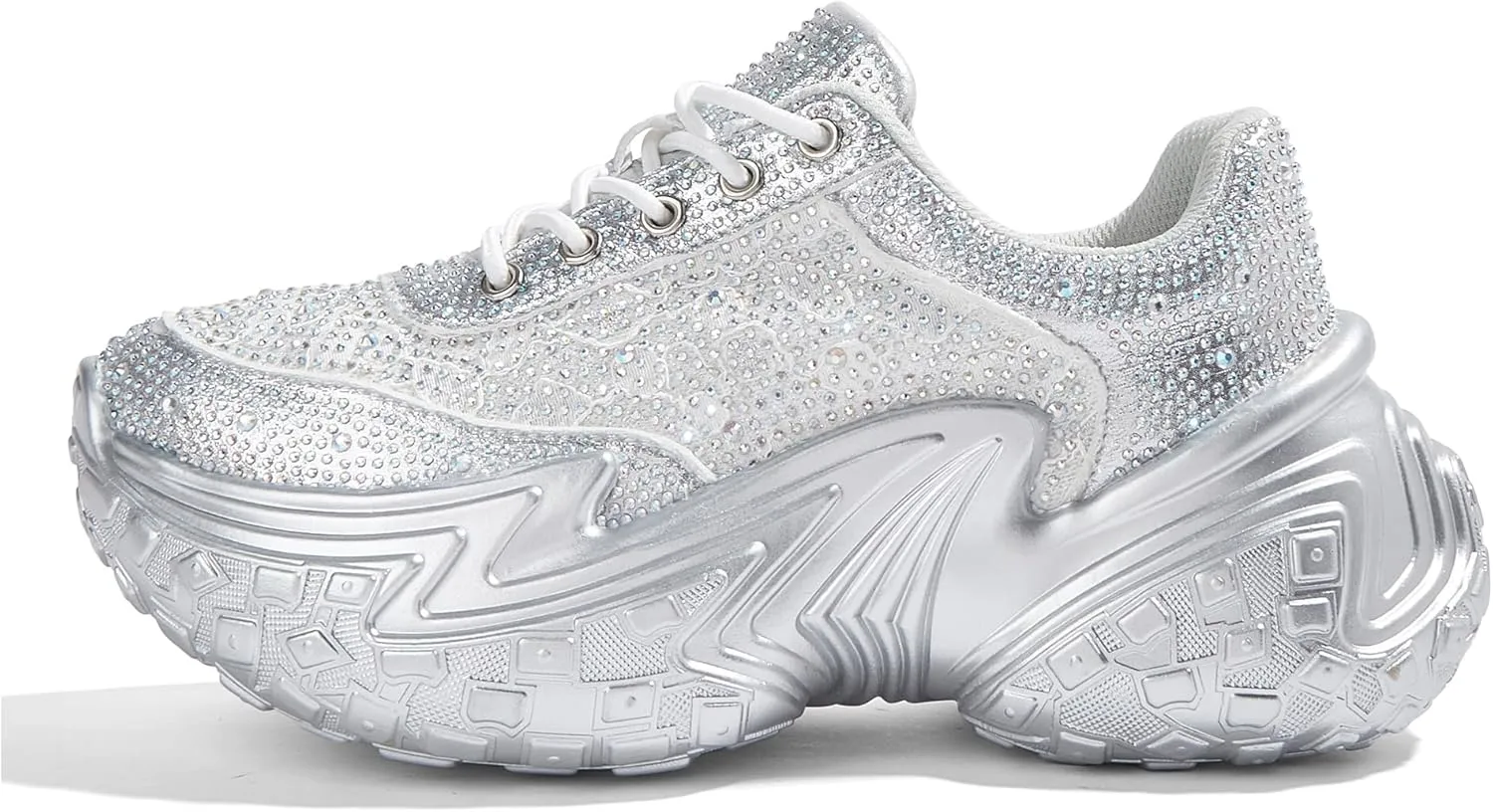 LUCKY STEP Women's Chunky Sneakers Platform Fashion Rhinestone Sparkly Dad Walking Shoes Butterfly Lace Wedge Casual Shiny Thick Sole Footwear