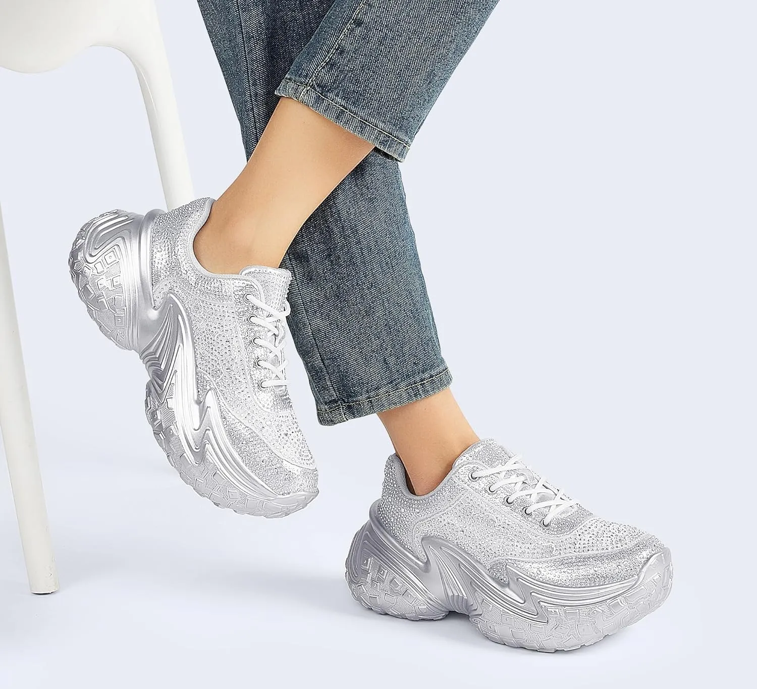LUCKY STEP Women's Chunky Sneakers Platform Fashion Rhinestone Sparkly Dad Walking Shoes Butterfly Lace Wedge Casual Shiny Thick Sole Footwear