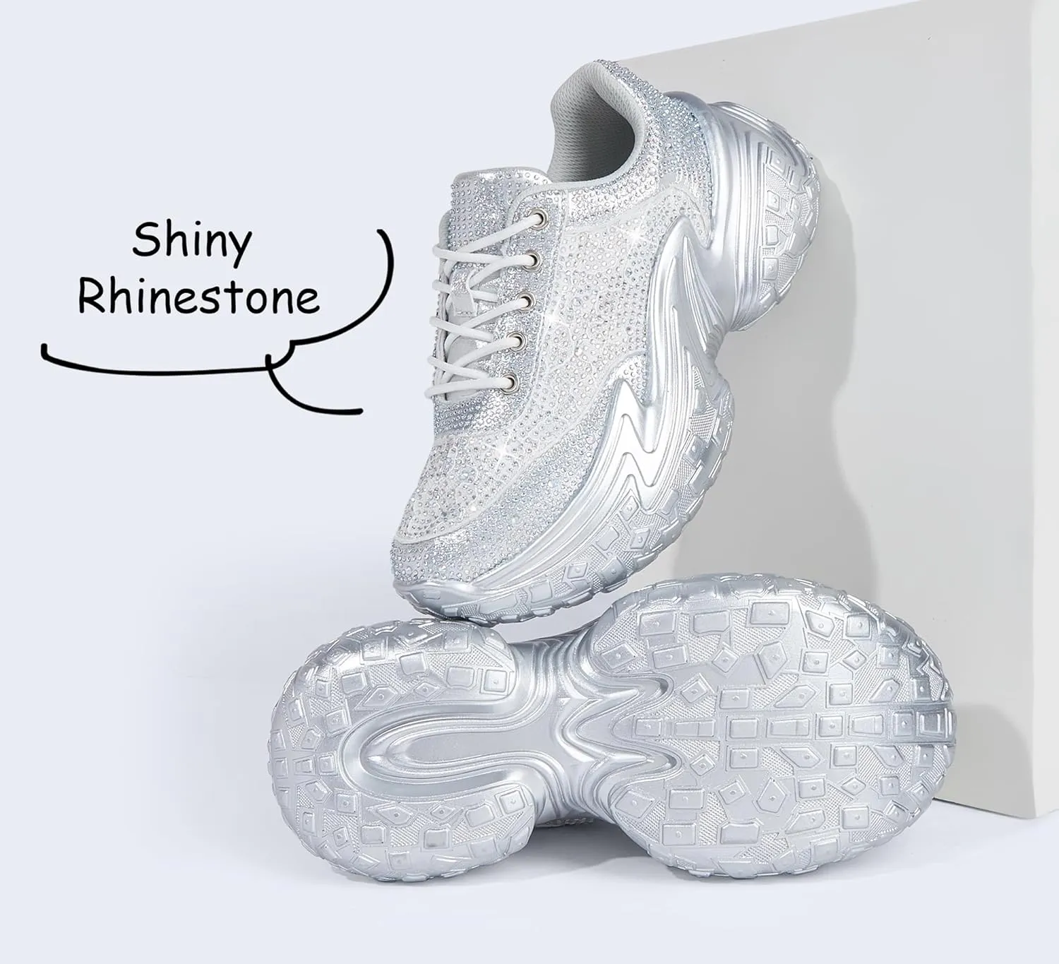 LUCKY STEP Women's Chunky Sneakers Platform Fashion Rhinestone Sparkly Dad Walking Shoes Butterfly Lace Wedge Casual Shiny Thick Sole Footwear
