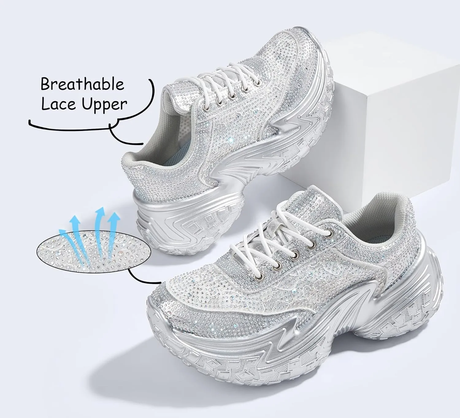 LUCKY STEP Women's Chunky Sneakers Platform Fashion Rhinestone Sparkly Dad Walking Shoes Butterfly Lace Wedge Casual Shiny Thick Sole Footwear