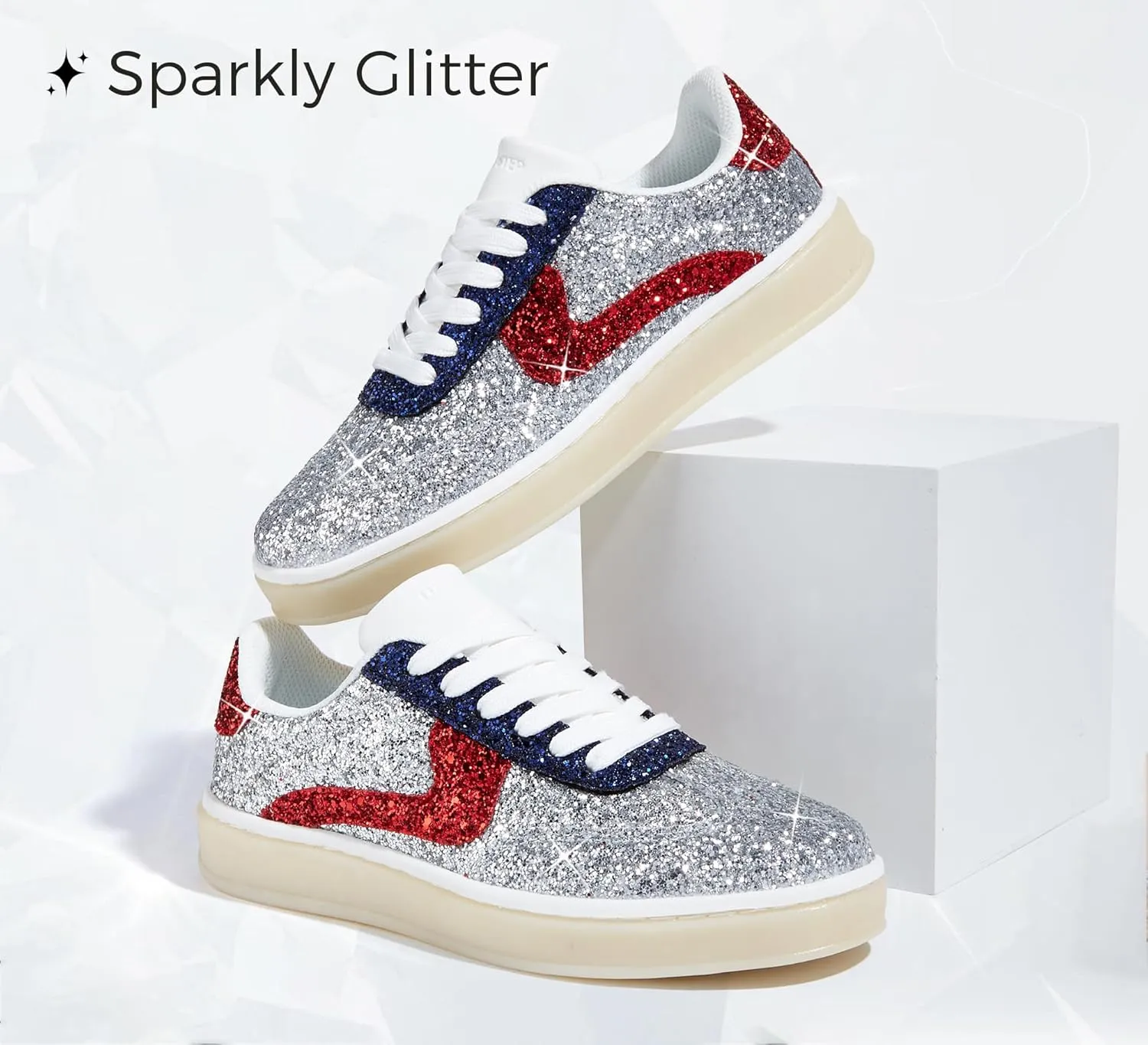 LUCKY STEP Women's Glitter Sneakers Fashion Retro Casual Sparkly Bling Shiny Dressy Bedazzled Bridal Wedding Anti Slip Walking Shoes
