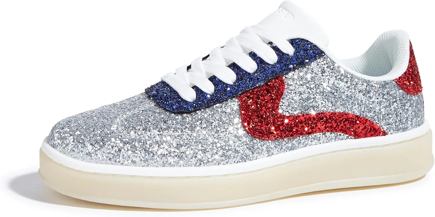 LUCKY STEP Women's Glitter Sneakers Fashion Retro Casual Sparkly Bling Shiny Dressy Bedazzled Bridal Wedding Anti Slip Walking Shoes