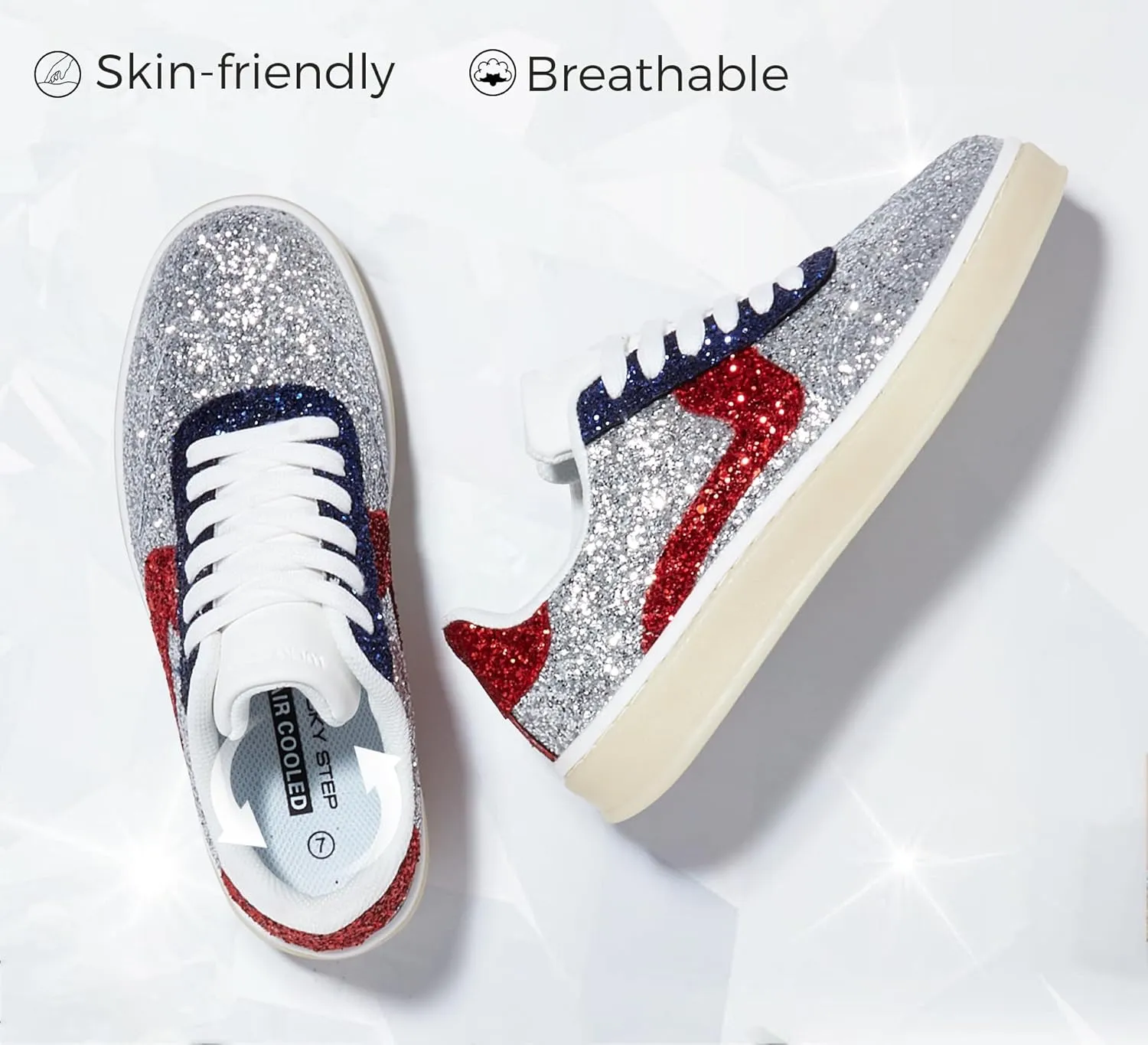 LUCKY STEP Women's Glitter Sneakers Fashion Retro Casual Sparkly Bling Shiny Dressy Bedazzled Bridal Wedding Anti Slip Walking Shoes
