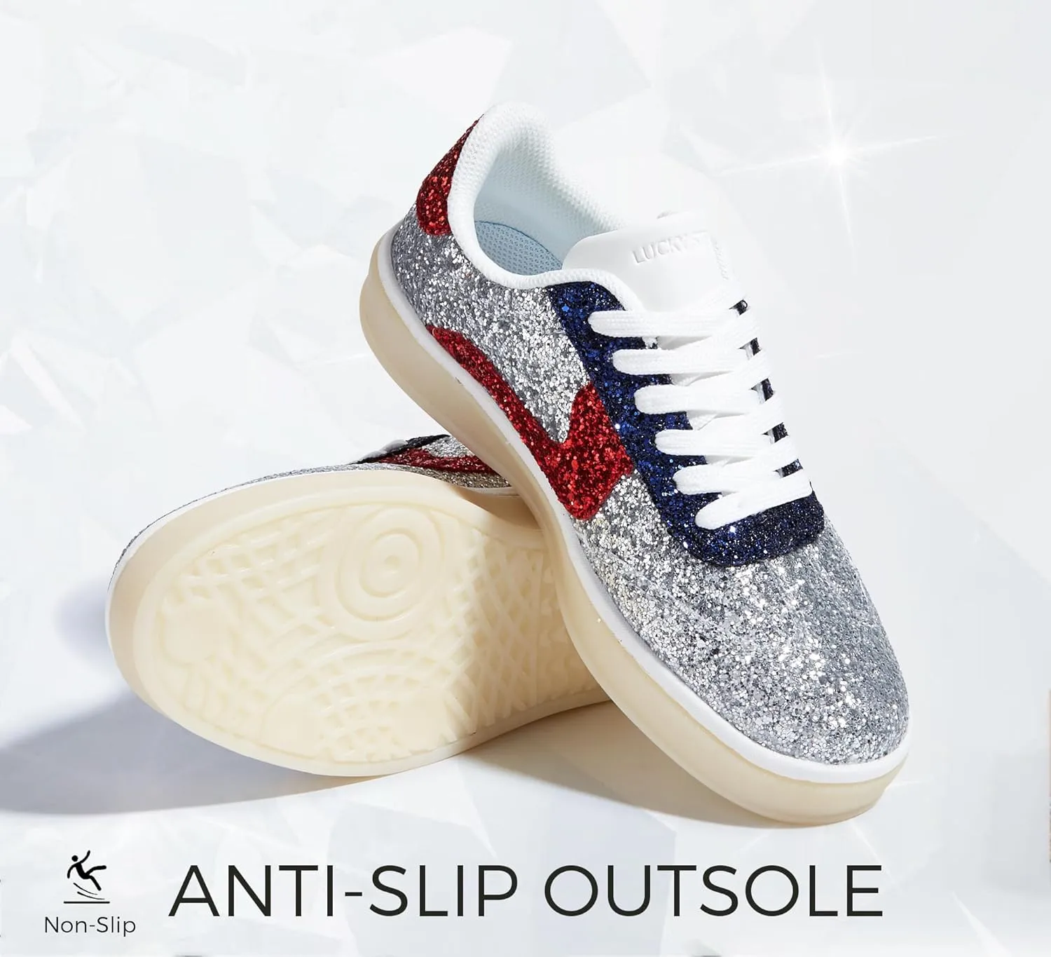 LUCKY STEP Women's Glitter Sneakers Fashion Retro Casual Sparkly Bling Shiny Dressy Bedazzled Bridal Wedding Anti Slip Walking Shoes