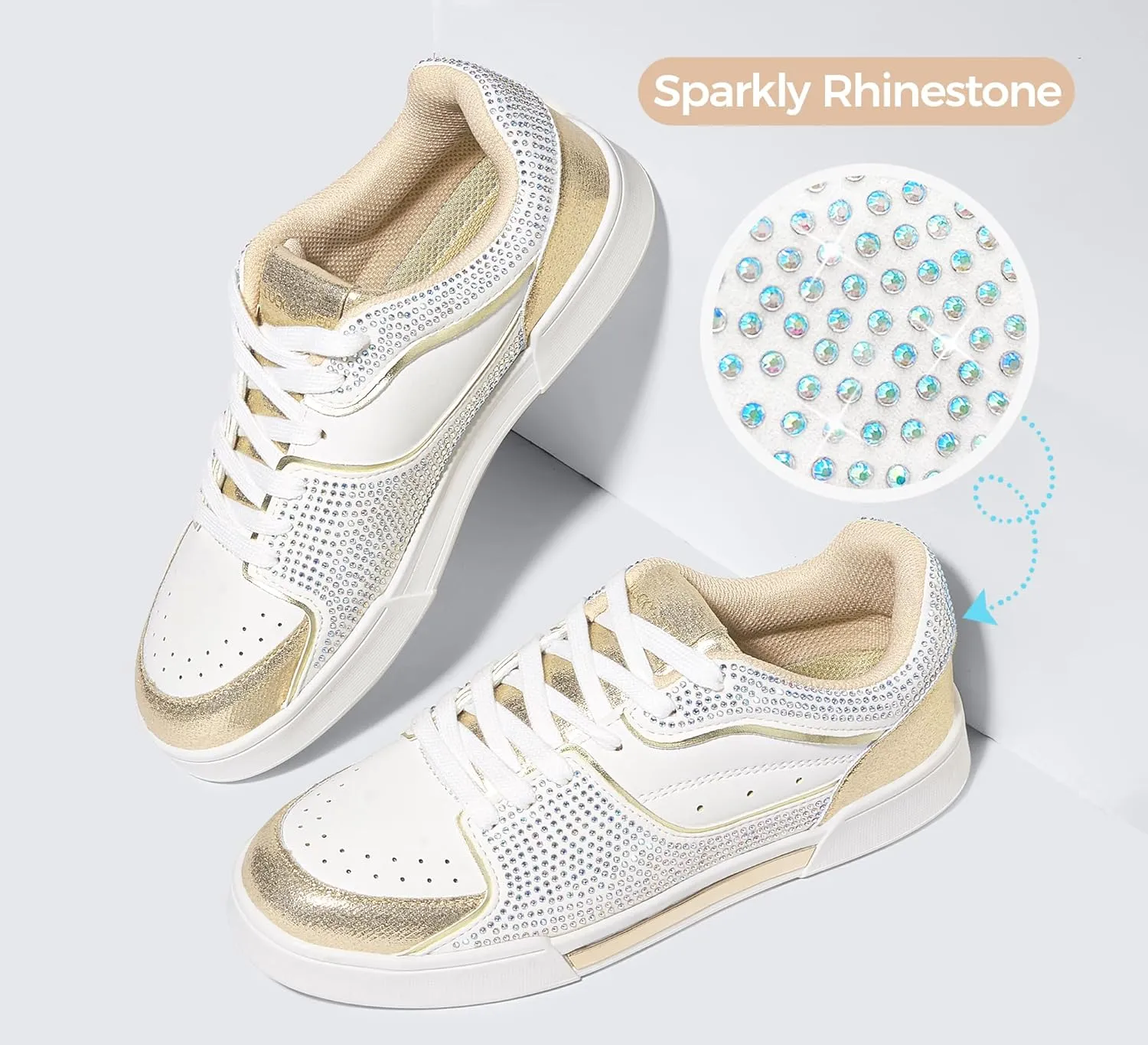 LUCKY STEP Women's Rhinestone Sneakers Sparkly Bling Glitter Wedding Tennis Shoes Fashion Casual Walking Comfortable Shiny Footwear