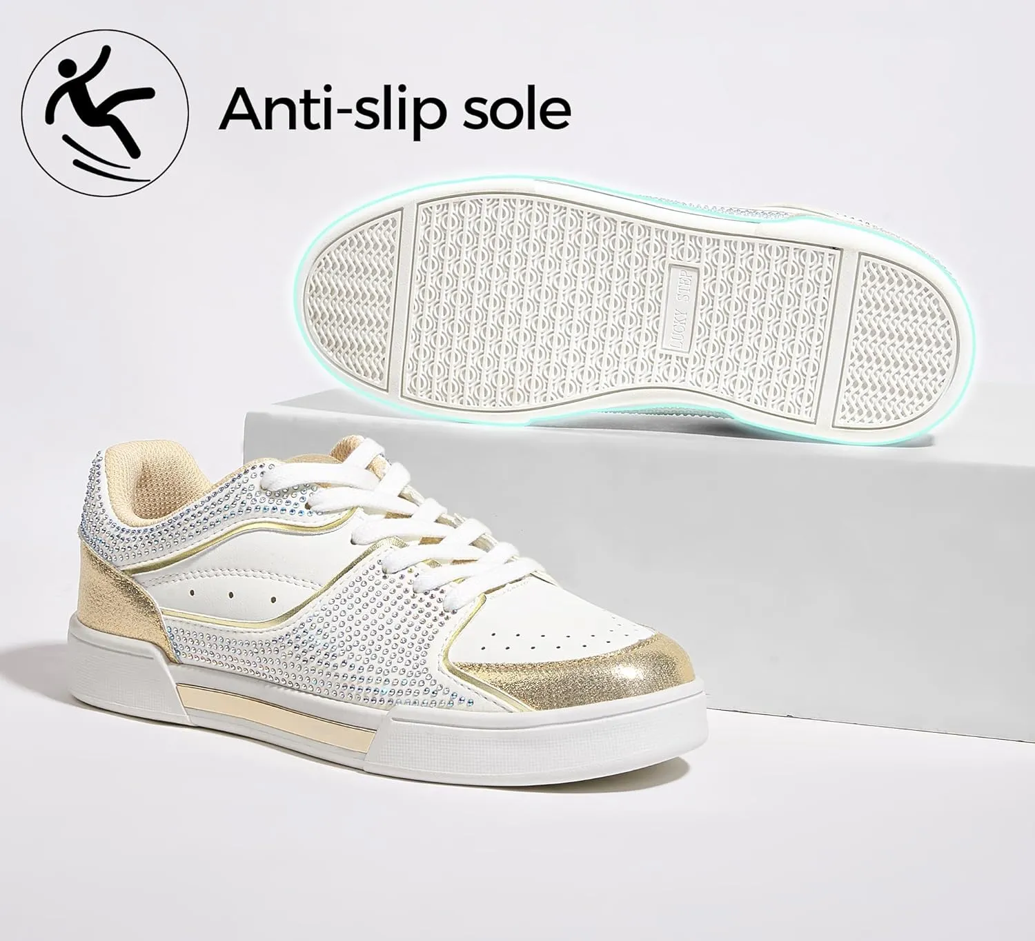 LUCKY STEP Women's Rhinestone Sneakers Sparkly Bling Glitter Wedding Tennis Shoes Fashion Casual Walking Comfortable Shiny Footwear