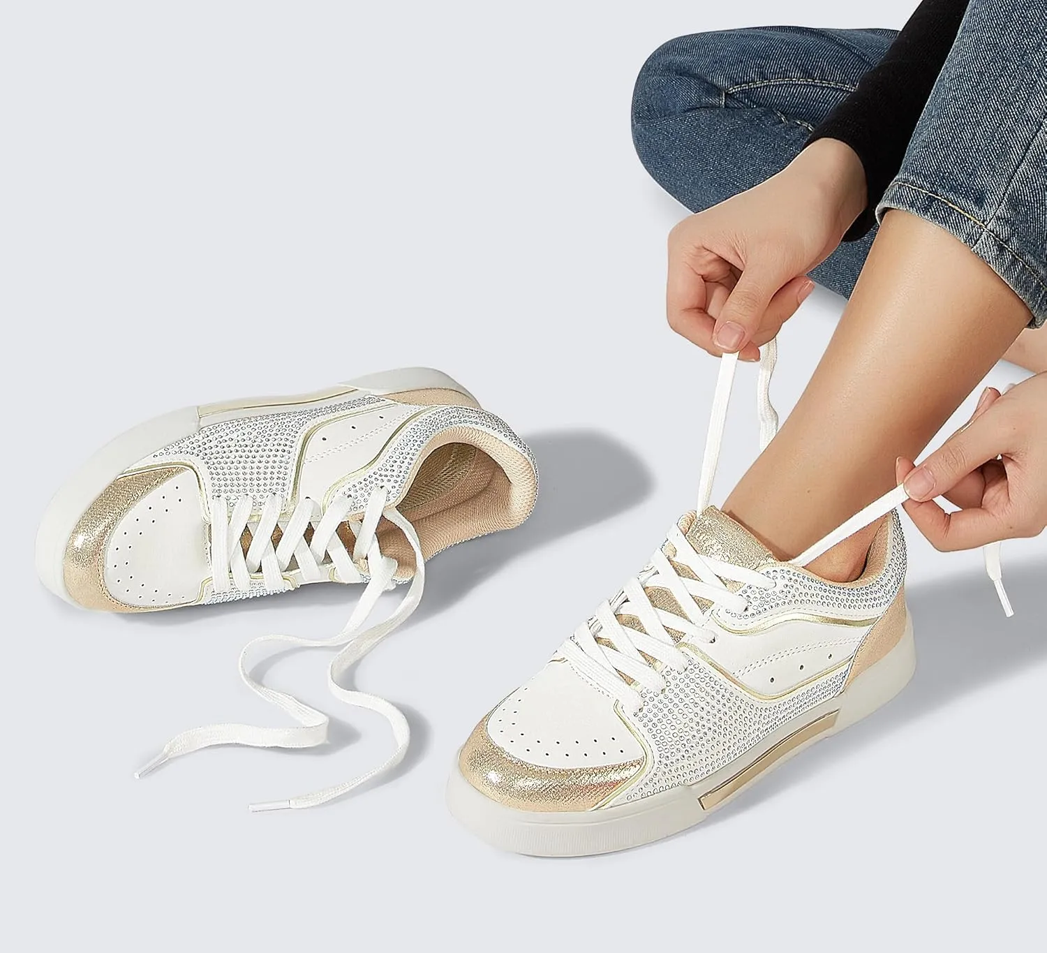 LUCKY STEP Women's Rhinestone Sneakers Sparkly Bling Glitter Wedding Tennis Shoes Fashion Casual Walking Comfortable Shiny Footwear