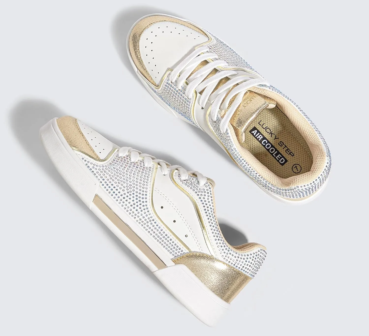LUCKY STEP Women's Rhinestone Sneakers Sparkly Bling Glitter Wedding Tennis Shoes Fashion Casual Walking Comfortable Shiny Footwear