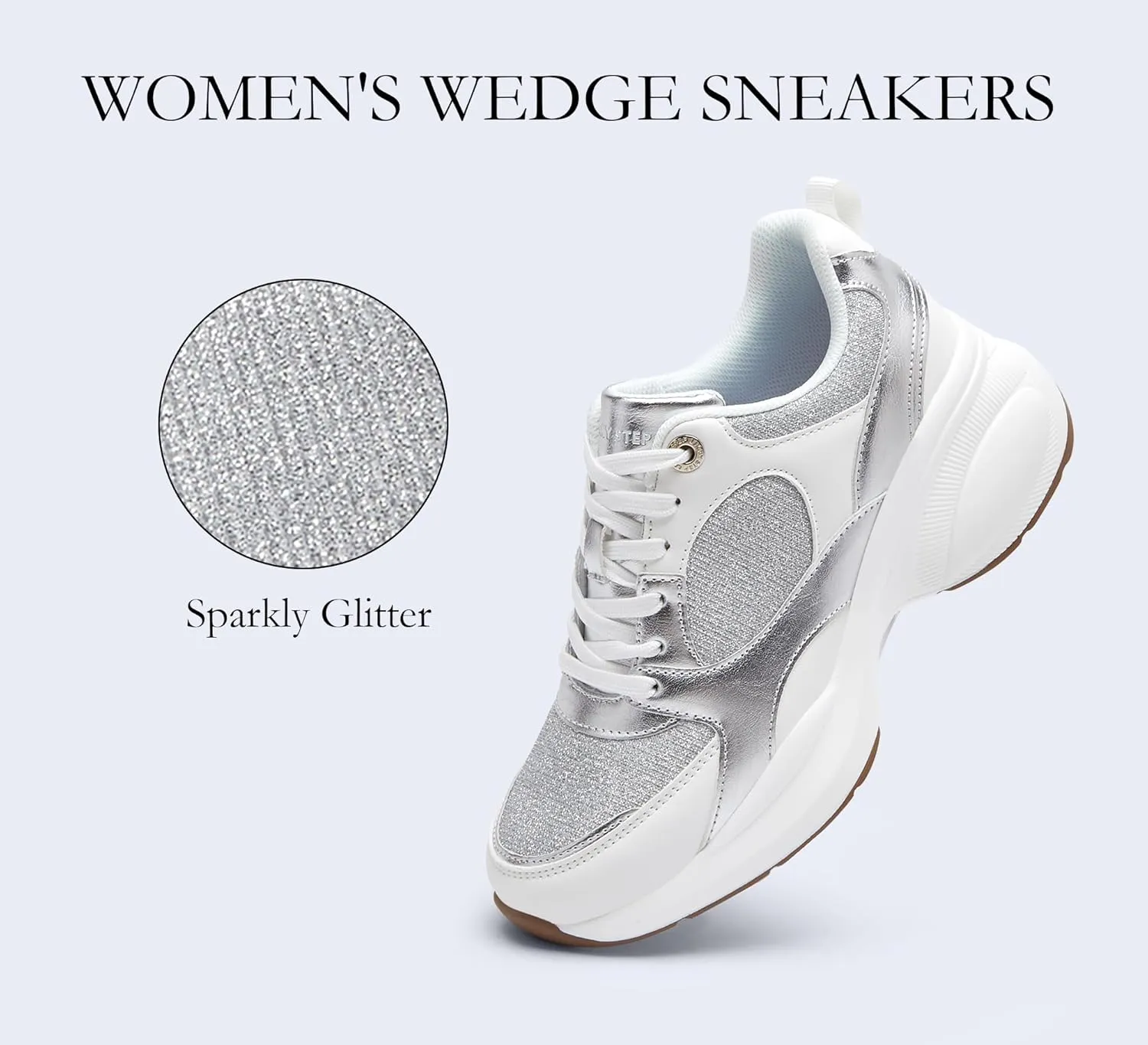LUCKY STEP Women's Wedge Sneakers Fashion Heeled Cliff Platform Glitter Lace Up Metallic Casual Shoes