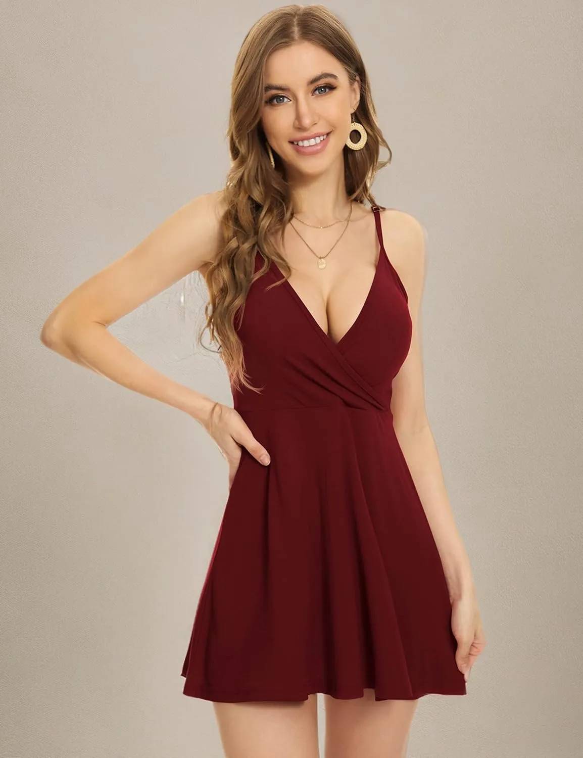 MadHeart Womens V Neck Sexy Backless Dress Adjustable Spaghetti Strap Short Wrap Dress