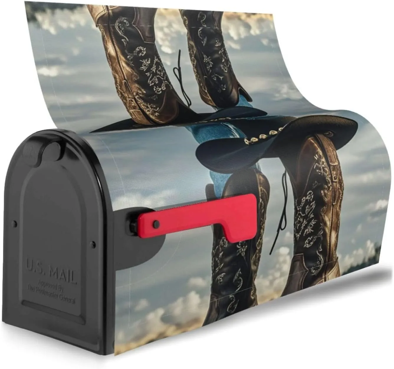 Mailbox Cover Magnetic Mailbox Wraps 21x18 in Cowboy Black Hat Western Boots Post Letter Box Outdoor Post Box Cover Farmhouse Home Decor Waterproof Mail Wraps for Winter Yard