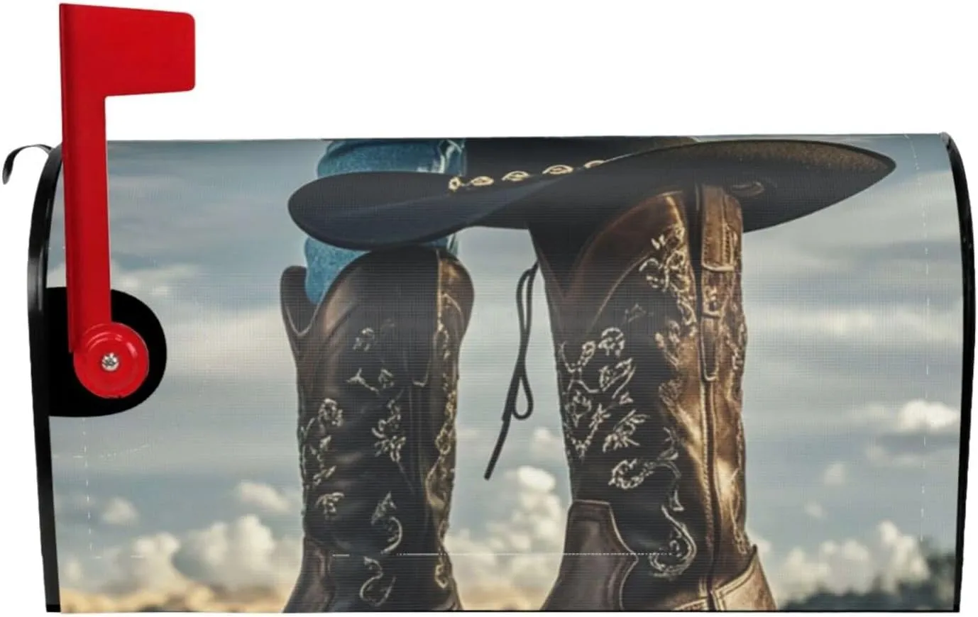 Mailbox Cover Magnetic Mailbox Wraps 21x18 in Cowboy Black Hat Western Boots Post Letter Box Outdoor Post Box Cover Farmhouse Home Decor Waterproof Mail Wraps for Winter Yard
