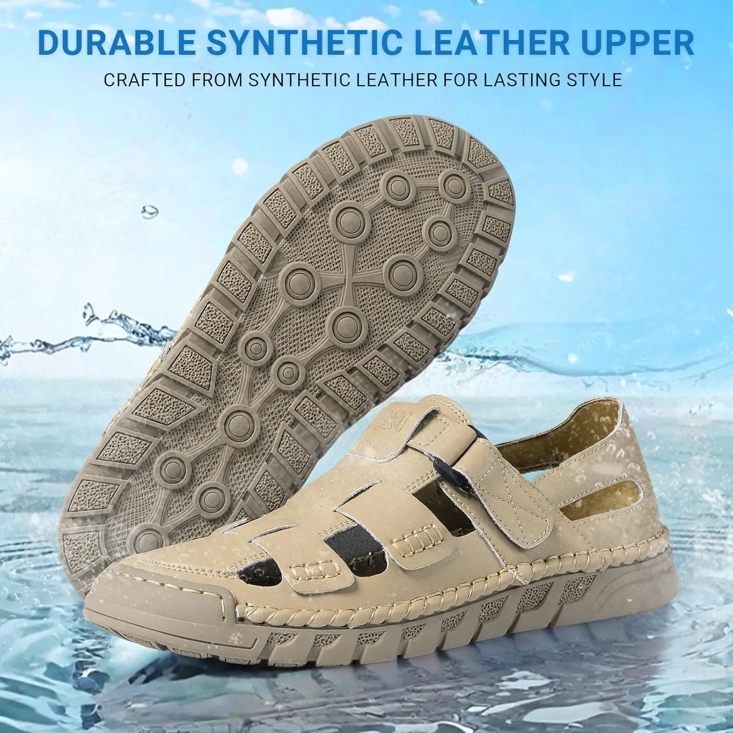 MAIZUN Men's Leather Sandals Summer Closed Toe Sandal Outdoor Fisherman Beach Shoes Hiking Walking Shoes for Adjustable Breathable