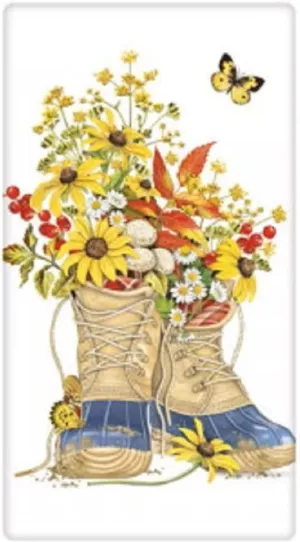 Mary Lake-Thompson BT634 Fall Flower Boots Flour Sack Towel 30 Inches Square Design in Lower Center Only
