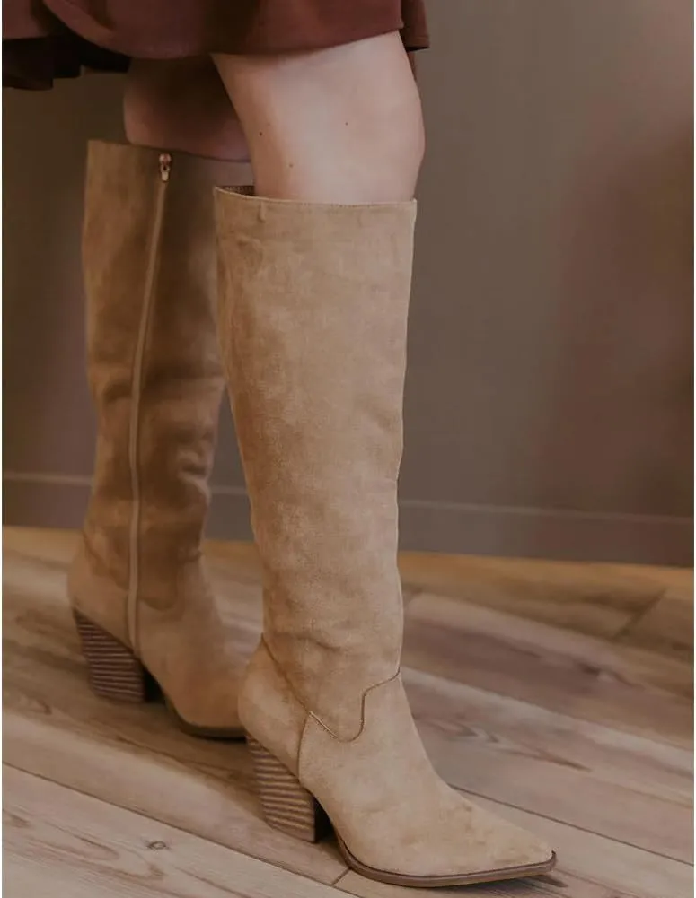 MeiLuSi Womens Knee High Boots Pointed Toe Suede Boots Chunky Heel Faux Slouchy Boots Wide Calf Tall Fall Boots Side Zipper