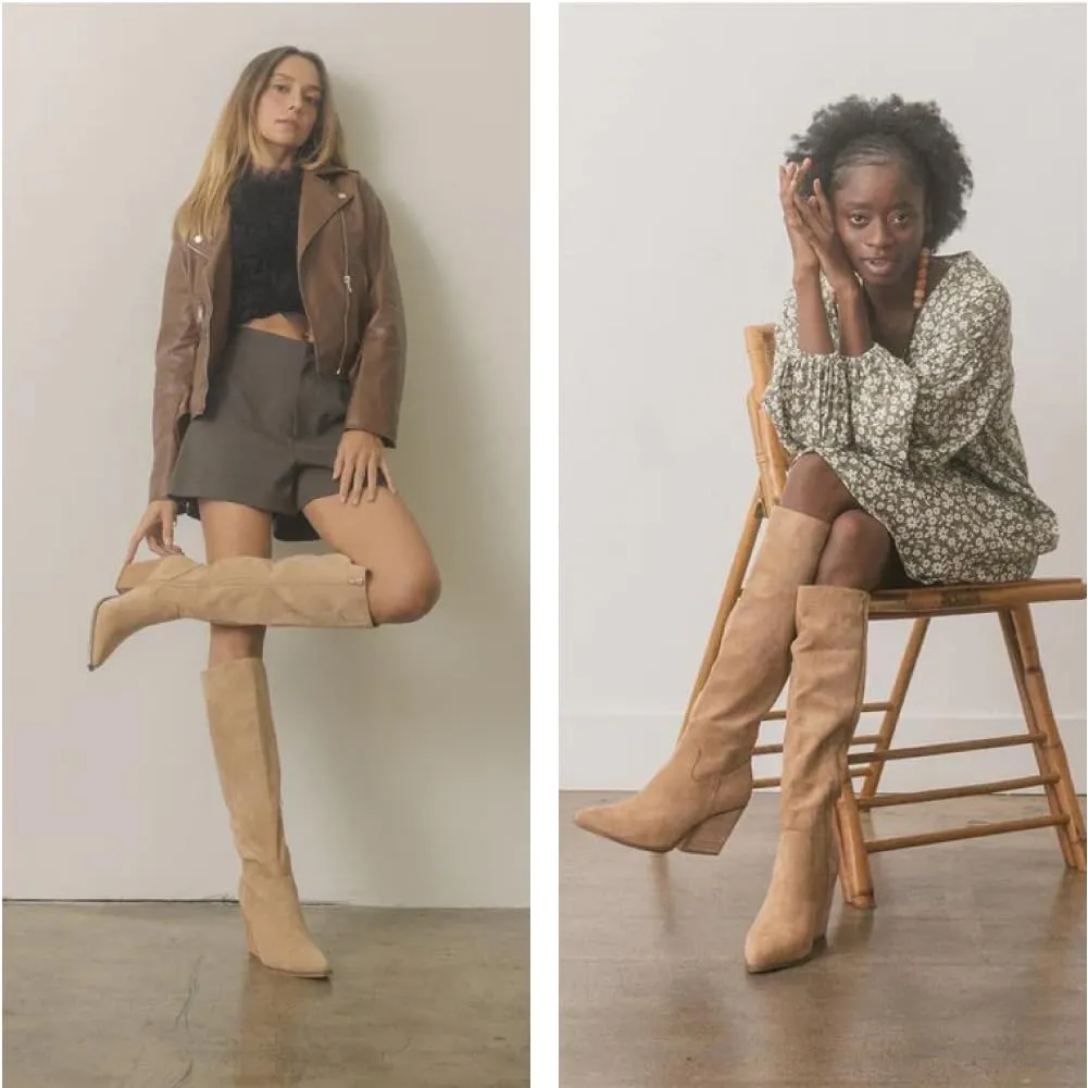 MeiLuSi Womens Knee High Boots Pointed Toe Suede Boots Chunky Heel Faux Slouchy Boots Wide Calf Tall Fall Boots Side Zipper