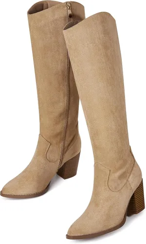 MeiLuSi Womens Knee High Boots Pointed Toe Suede Boots Chunky Heel Faux Slouchy Boots Wide Calf Tall Fall Boots Side Zipper