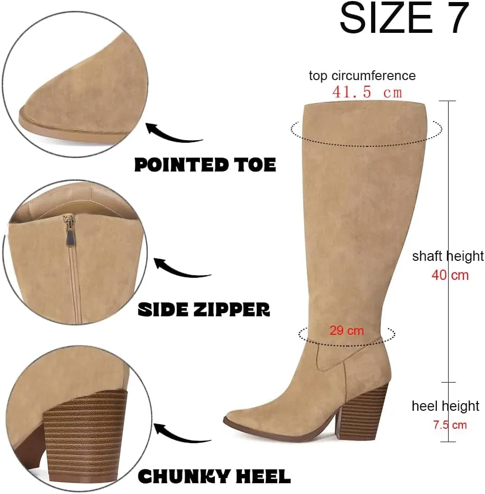 MeiLuSi Womens Knee High Boots Pointed Toe Suede Boots Chunky Heel Faux Slouchy Boots Wide Calf Tall Fall Boots Side Zipper