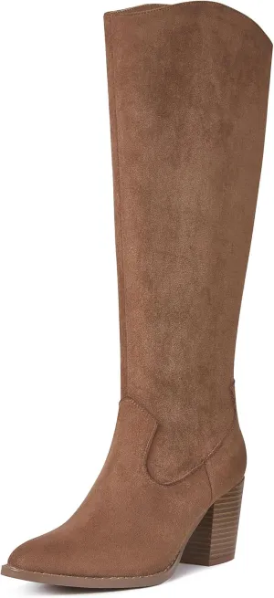 MeiLuSi Womens Knee High Boots Pointed Toe Suede Boots Chunky Heel Faux Slouchy Shoes Tall Fall 2025 Side Zipper