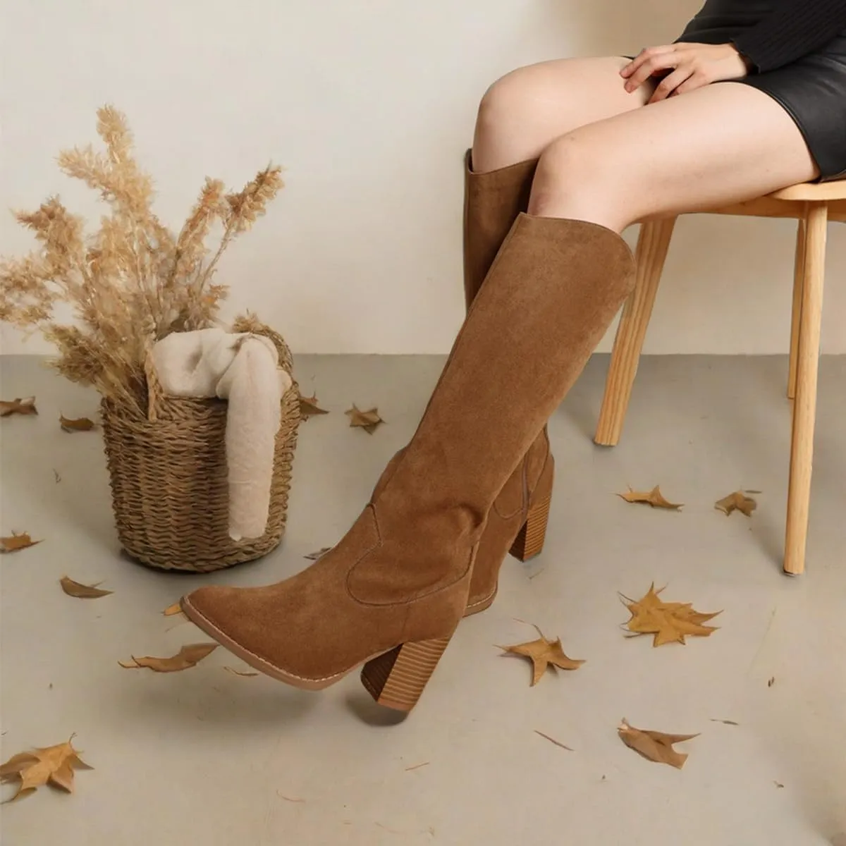 MeiLuSi Womens Knee High Boots Pointed Toe Suede Boots Chunky Heel Faux Slouchy Shoes Tall Fall 2025 Side Zipper