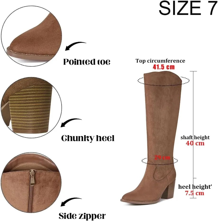MeiLuSi Womens Knee High Boots Pointed Toe Suede Boots Chunky Heel Faux Slouchy Shoes Tall Fall 2025 Side Zipper