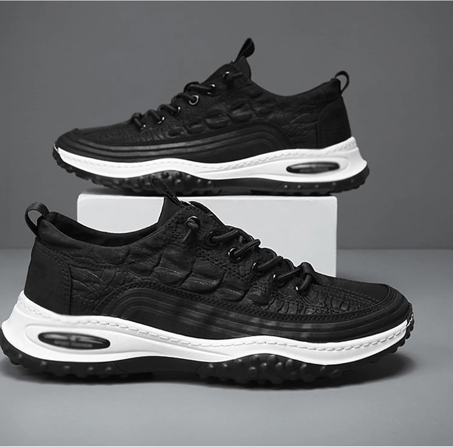 Men's 3D Pattern Soft Height Lifting Canvas Sneakers,Fashion Round Head Air Cushion Elastic Non-Slip Casual Lace-Up Running Sneaker