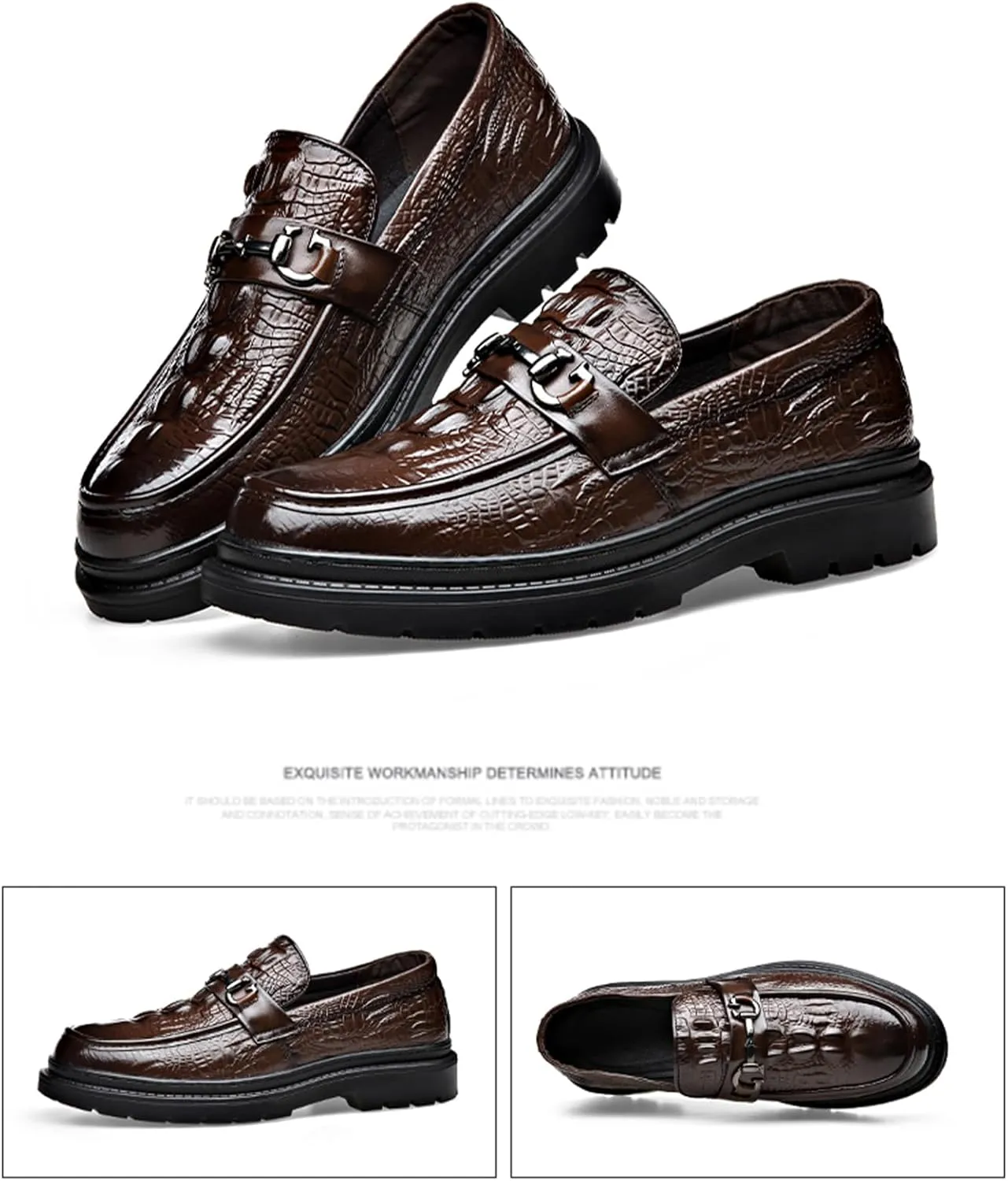 Men's Alligator Printed Platform Chunky Heel Loafers Comfort Round Toe Low-Top Slip-On Anti-Slip Lug Sole Fashion Metal Buckle Business Smart Casual Formal Derby Shoes