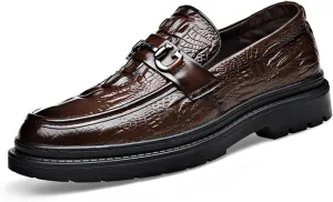 Men's Alligator Printed Platform Chunky Heel Loafers Comfort Round Toe Low-Top Slip-On Anti-Slip Lug Sole Fashion Metal Buckle Business Smart Casual Formal Derby Shoes
