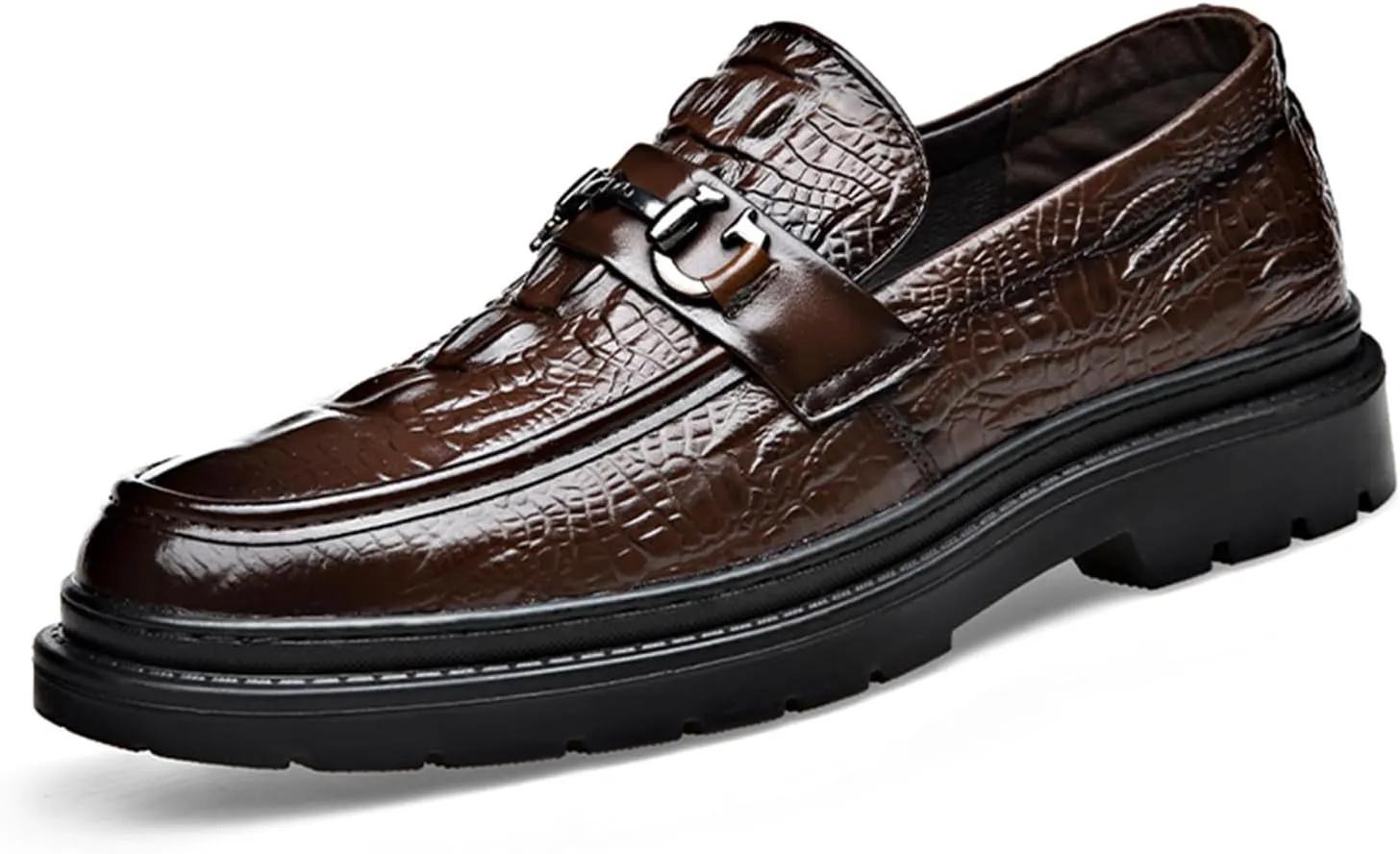 Men's Alligator Printed Platform Chunky Heel Loafers Comfort Round Toe Low-Top Slip-On Anti-Slip Lug Sole Fashion Metal Buckle Business Smart Casual Formal Derby Shoes
