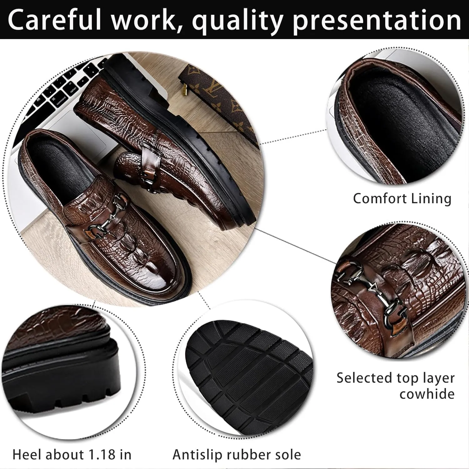 Men's Alligator Printed Platform Chunky Heel Loafers Comfort Round Toe Low-Top Slip-On Anti-Slip Lug Sole Fashion Metal Buckle Business Smart Casual Formal Derby Shoes