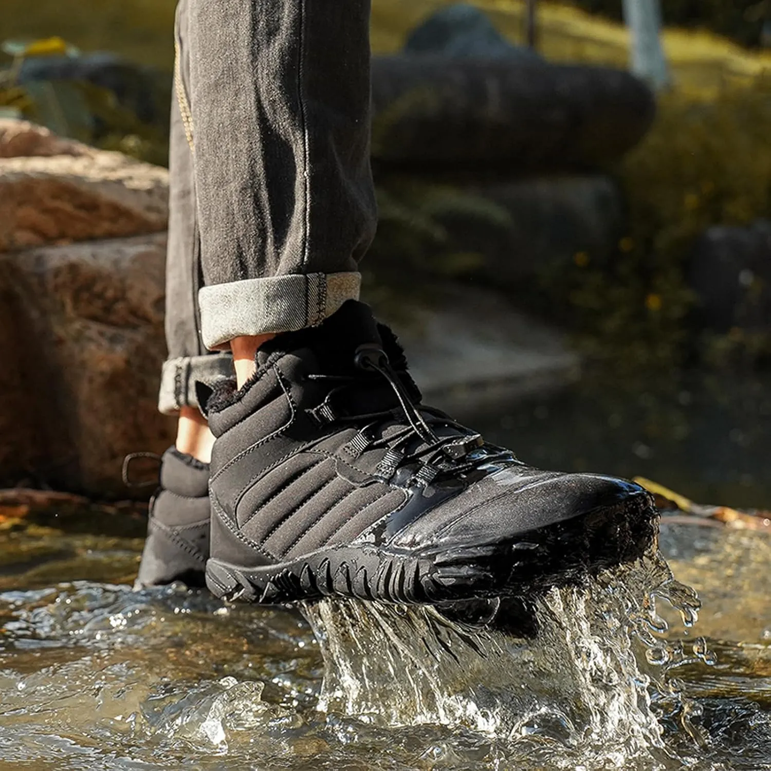 Men's and Women's Barefoot Hiking Boots | Zero Drop Winter Snow Boots with Wide Toe Box | Slip-On Waterproof Ankle Booties | Minimalist Five-Finger Sneakers for Outdoor Hiking and Walking