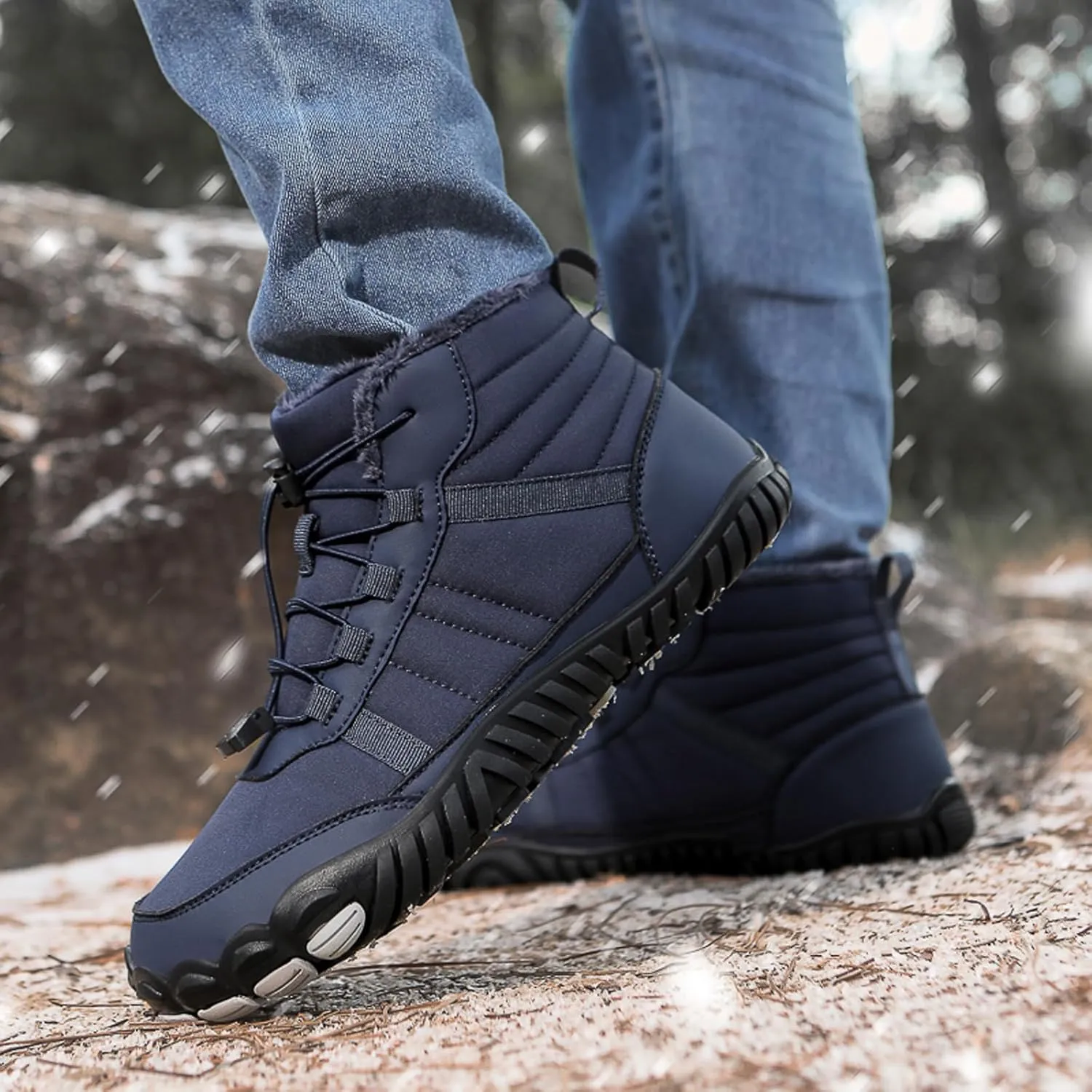 Men's and Women's Barefoot Hiking Boots | Zero Drop Winter Snow Boots with Wide Toe Box | Slip-On Waterproof Ankle Booties | Minimalist Five-Finger Sneakers for Outdoor Hiking and Walking