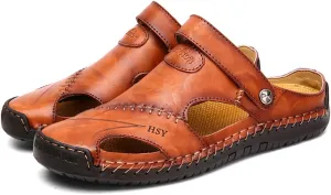 Men's Casual Leather Sandals Closed Toe Anti-Slip Flat Slide Beach Water Shoes for Summer Walking Hiking​​
