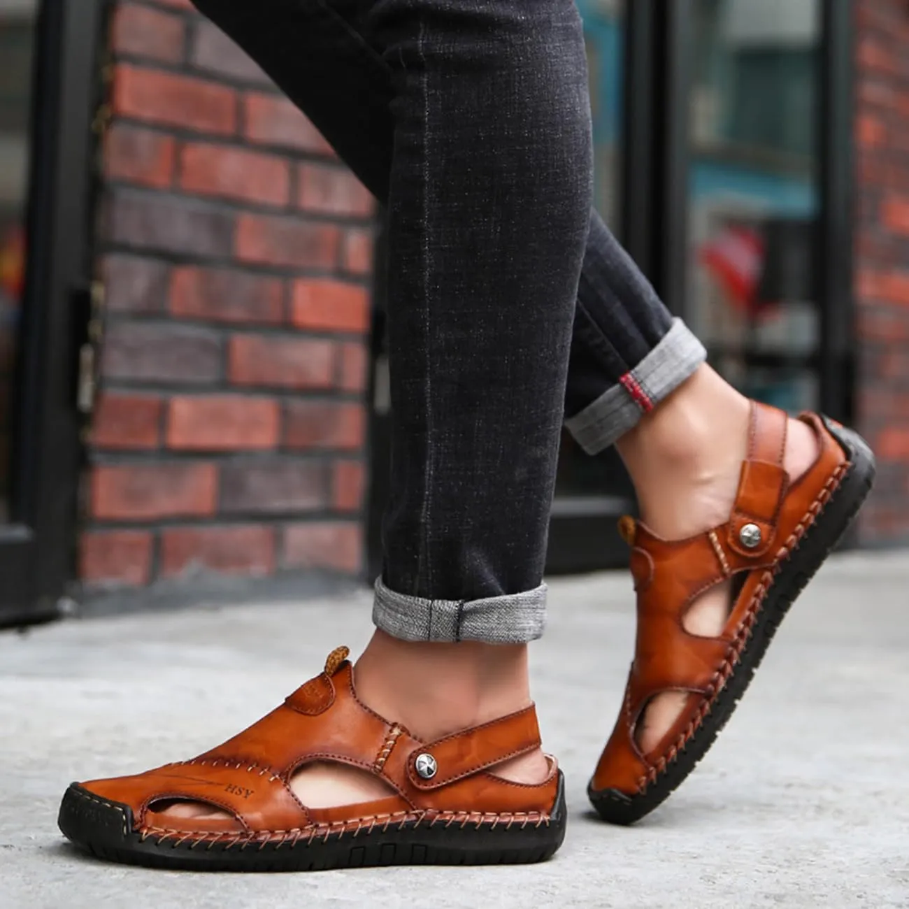 Men's Casual Leather Sandals Closed Toe Anti-Slip Flat Slide Beach Water Shoes for Summer Walking Hiking​​
