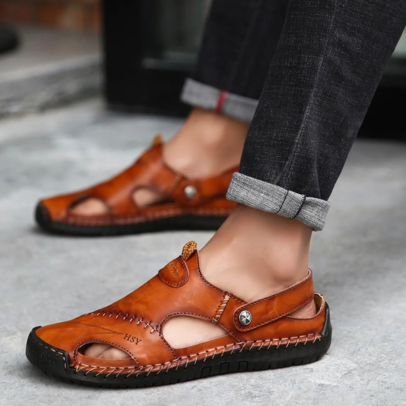 Men's Casual Leather Sandals Closed Toe Anti-Slip Flat Slide Beach Water Shoes for Summer Walking Hiking​​