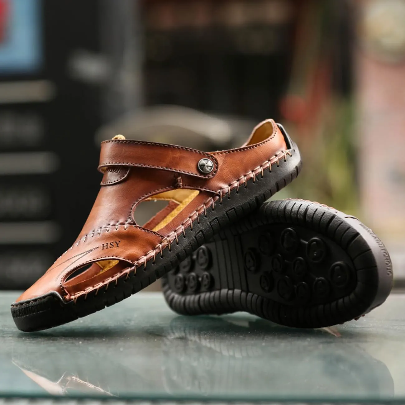 Men's Casual Leather Sandals Closed Toe Anti-Slip Flat Slide Beach Water Shoes for Summer Walking Hiking​​