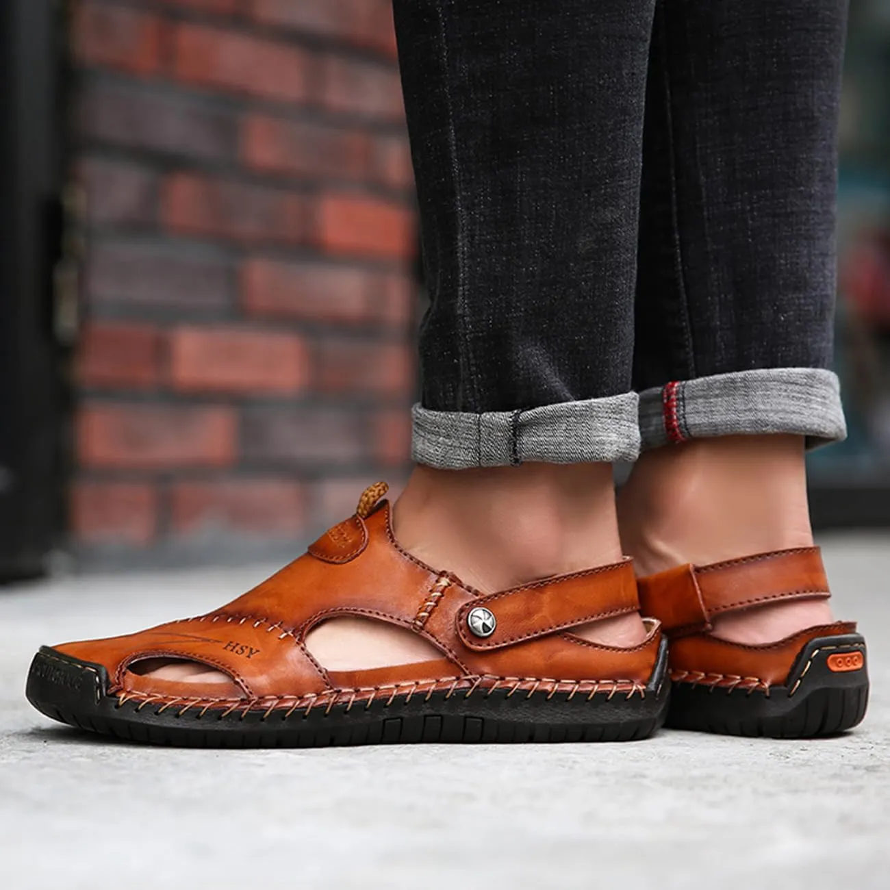 Men's Casual Leather Sandals Closed Toe Anti-Slip Flat Slide Beach Water Shoes for Summer Walking Hiking​​