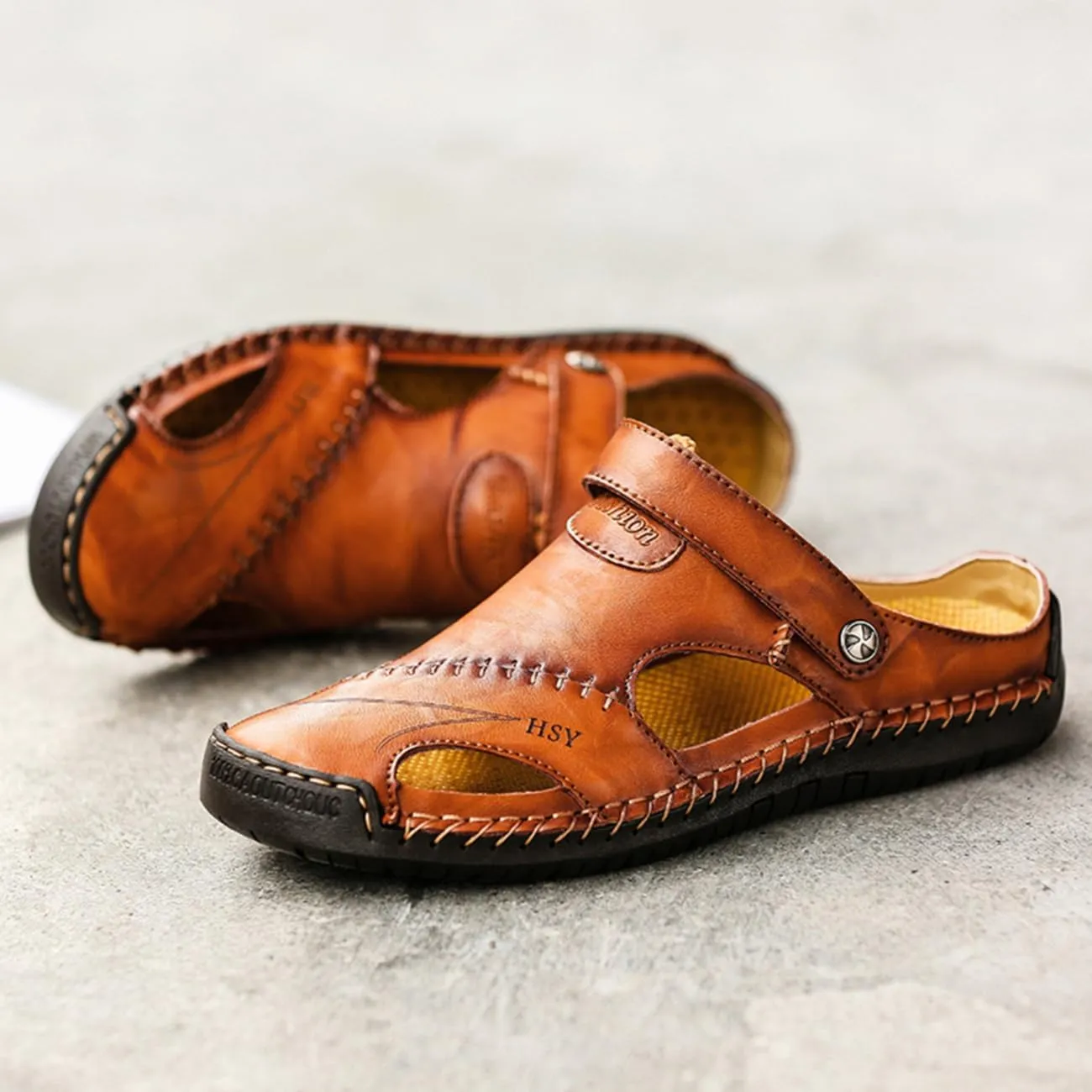 Men's Casual Leather Sandals Closed Toe Anti-Slip Flat Slide Beach Water Shoes for Summer Walking Hiking​​
